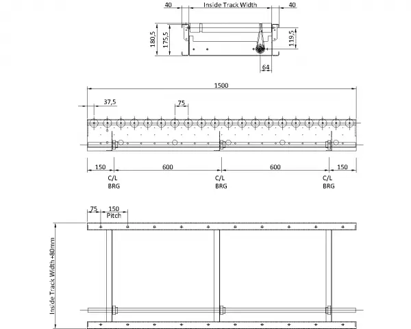 Painted Steel Powered Roller Lineshaft Conveyor – XU60/90 – 75mm Pitch Technical Drawing