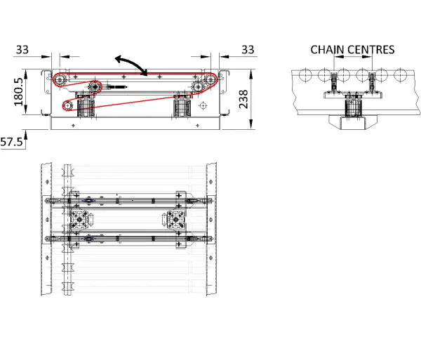 Painted Steel Powered Roller Lineshaft Conveyor – Vertical Lift Chain Transfer Unit Technical Drawing