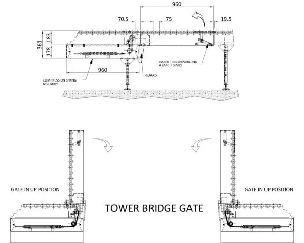 Painted Steel Gravity Roller Conveyor – Lift Up Gate Section XU60 PF1 Technical Drawing