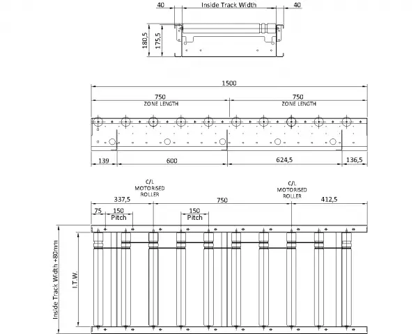 Painted Steel 24V Motorised Roller Conveyor ‘O’ Ring – 150mm Pitch Technical Drawing