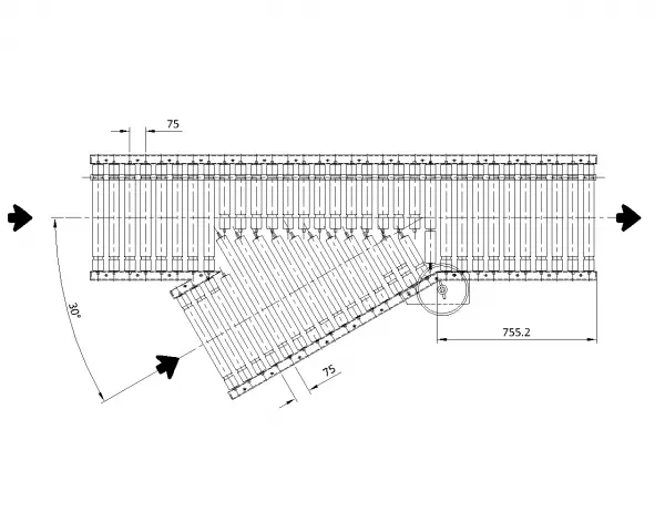 Painted Steel Powered Roller Lineshaft Conveyor – 30° Merge Unit Technical Drawing